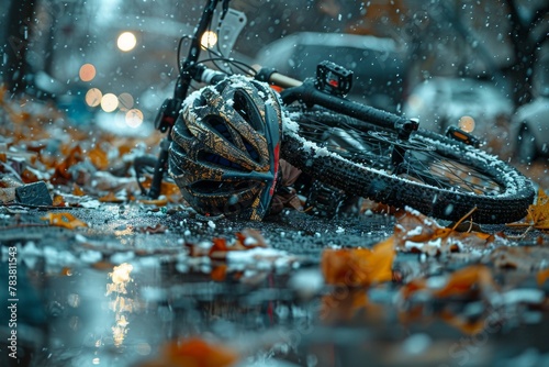 An autumn scene portraying a dirty bike and helmet surrounded by fall leaves on a wet surface, suggesting a journey interrupted