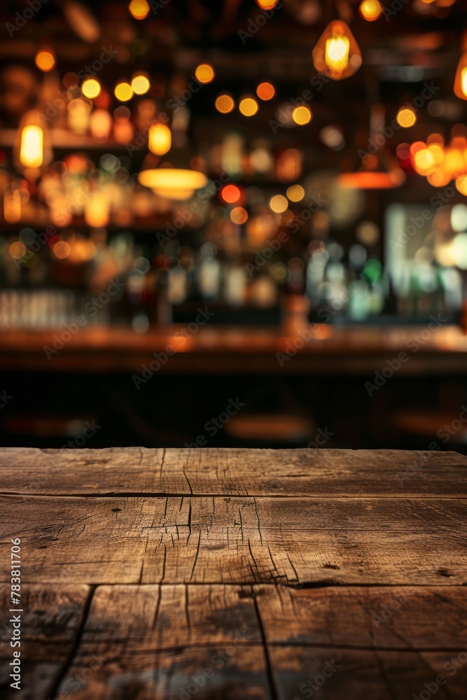 Empty wooden table overlooking a dark blurry defocused cafe bar room to present your product.	
