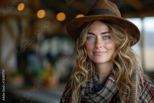 Happy woman wearing a hat and scarf smiling at a market