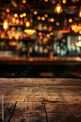 Empty wooden table overlooking a dark blurry defocused cafe bar room to present your product.  