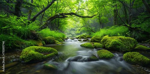 A serene and lush forest with vibrant green trees, a clear stream flowing through the center of the frame, moss-covered rocks on both sides.  © Aisyaqilumar