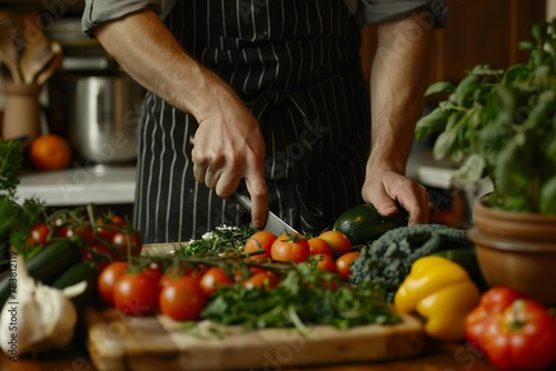  A chef in a striped apron expertly chops fresh greens on a wooden cutting board, surrounded by a rich selection of vibrant vegetables in a rustic kitchen setting. AI Generation