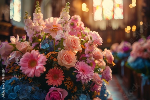 Soft-focus shot of elegant flower arrangements in a church, highlighting the romantic and sacred ambiance