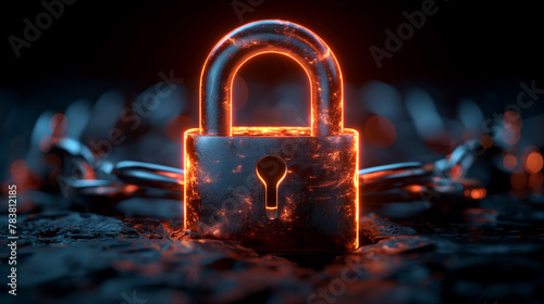 A neon orange padlock in front of chain, security concept.