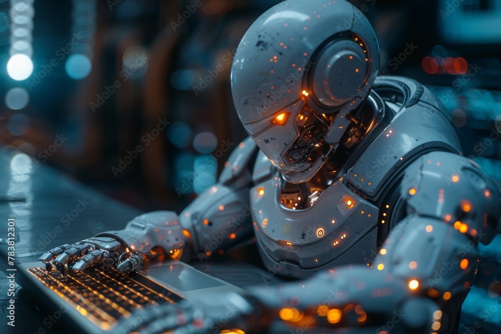 Fototapeta premium In-depth view of a future robot using a holographic interface, representing AI and technological progress