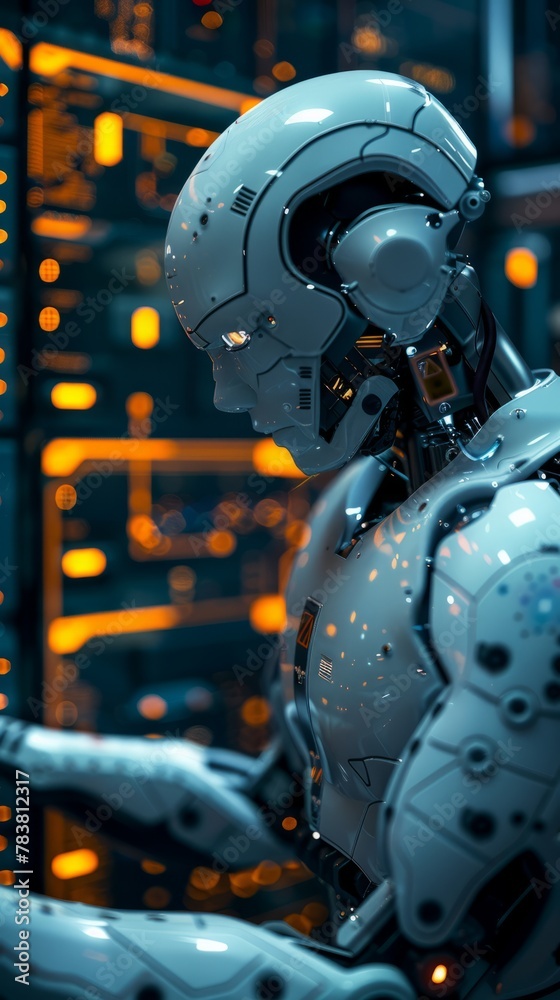 Fototapeta premium Futuristic silver-toned artificial intelligence robot engaged in intricate programming tasks in a high-tech laboratory with prominent neon lighting