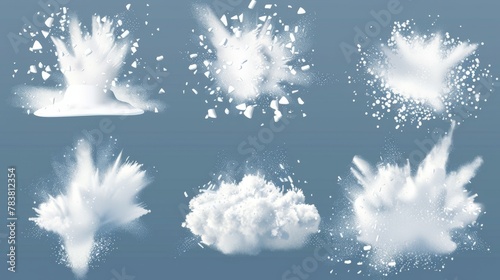 White powder explosion, snow burst with flying ice particles and snowflakes. Modern realistic set of exploding white dust clouds isolated on transparent background. photo