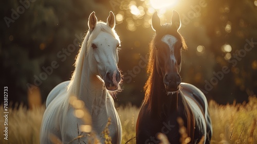  A pair of horses standing side by side in a tall grass field, sun illuminating trees behind