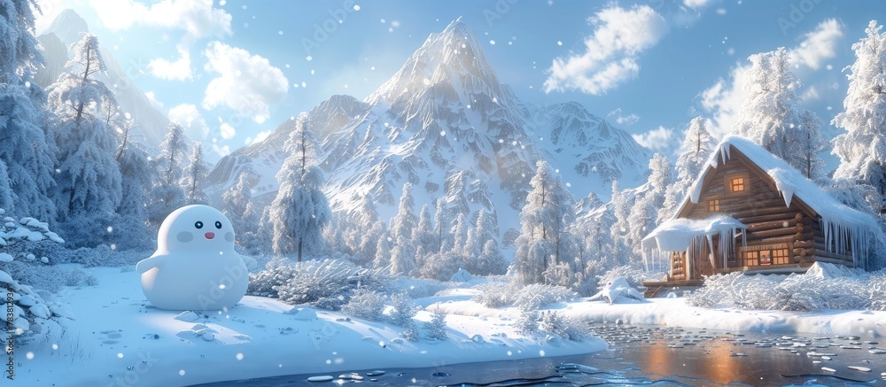 Enchanting Winter Wonderland with Snowy Forests Sparkling Icicles and a Cozy Cabin in the Majestic Mountains