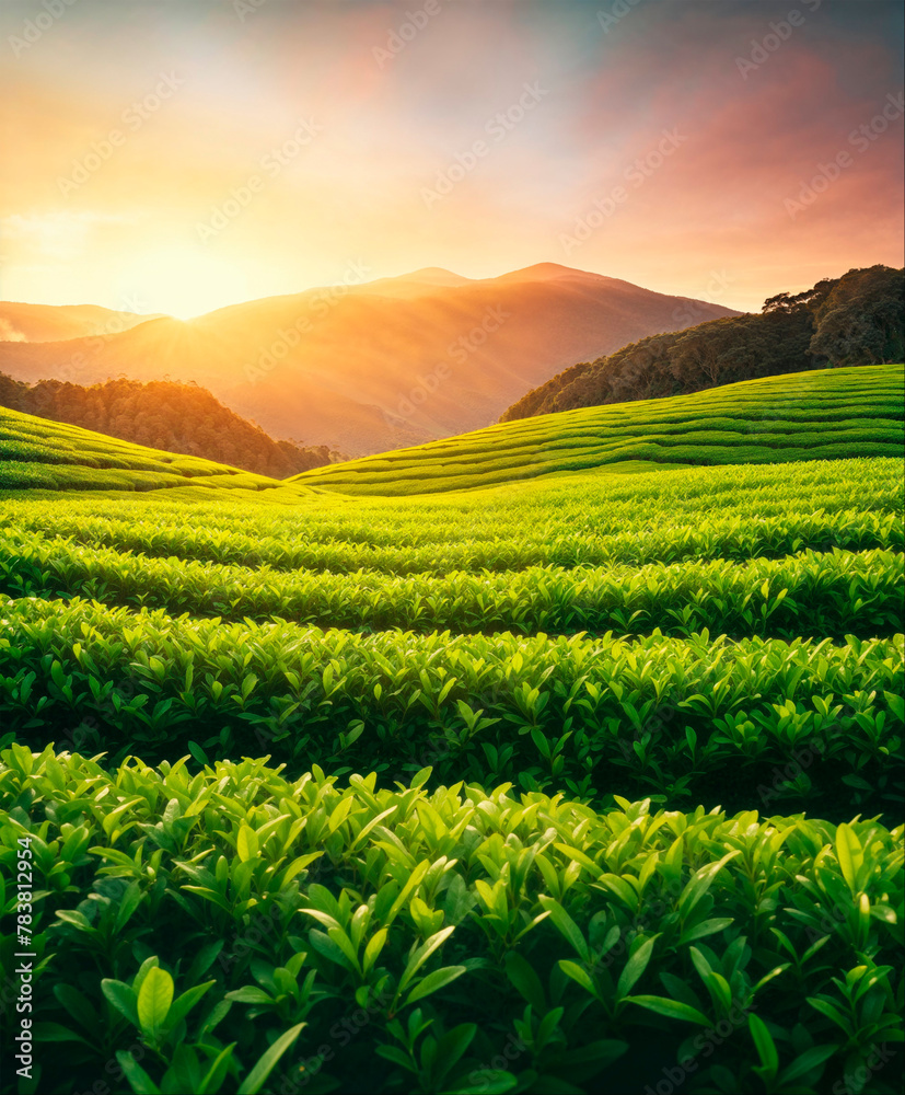 Tea plantation hills at sunset time, beautiful landscape background