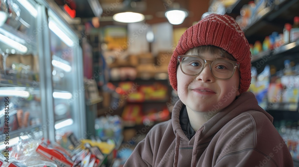 Young woman with Down syndrome managing a small grocery store, showing independence and confidence Young woman with Down syndrome managing a small grocery store, showing independence and confidence