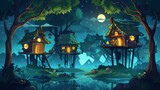 In a night forest, wooden stilt houses stand on piles in deep woods with glow windows. Witch hut, computer game mystic nature landscape, Cartoon modern illustration.