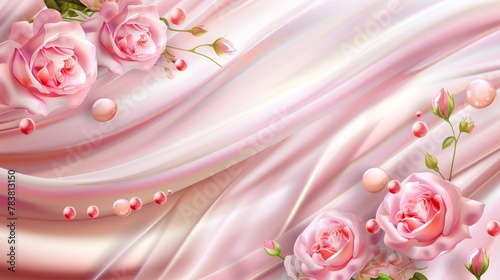 Flowing wallpaper featuring luxury flowing textile  flowers  and glossy beads on a pink silk cloth background. Texture of shiny satin fabric with waves and drapery.