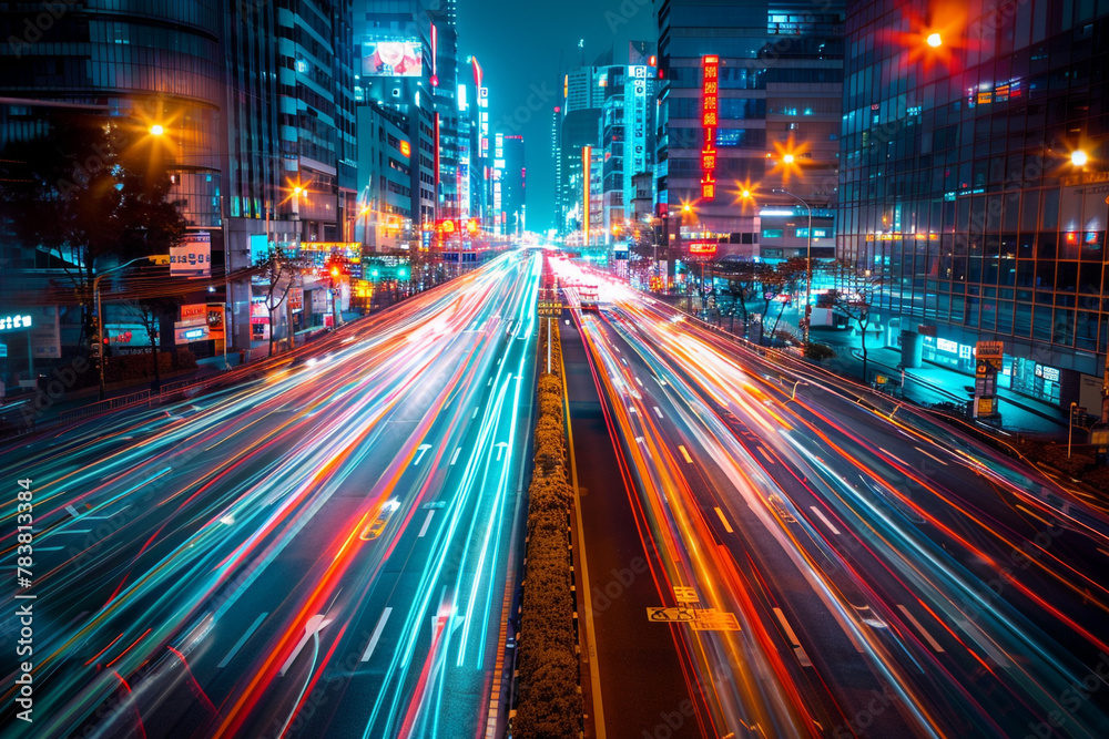 Abstract long exposure photography, motion blur lighting effect, and fast-moving urban traffic during the night rush hour are captured in photograph.