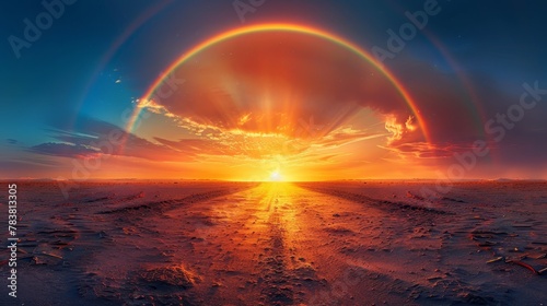   A sunset with a rainbow arching across the middle of the sky