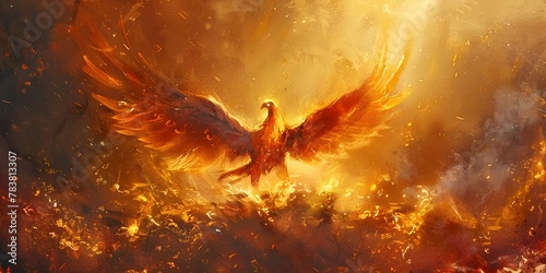 Majestic Phoenix Rising from Fiery Ashes Spreading Its Radiant Wings Amidst a Dramatic Crimson and Golden Sky