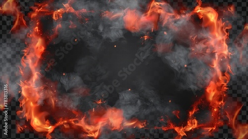 Burning flame, campfire, blaze effect frame, glowing red flaring flare with black steam, 3d modern illustration isolated on transparent background.