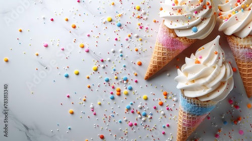 Colorful Sprinkles on Soft Serve Ice Cream Cones