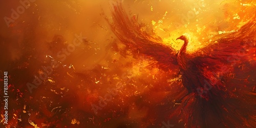 Mythical Phoenix Arising from Fiery Ashes in Glowing Celestial Backdrop photo