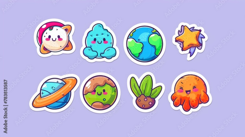 The earth and moon cartoon characters, cute funny planets with kawaii faces and clouds, and a happy mascot are included in this collection. Other characters include a star and a sleeping star.