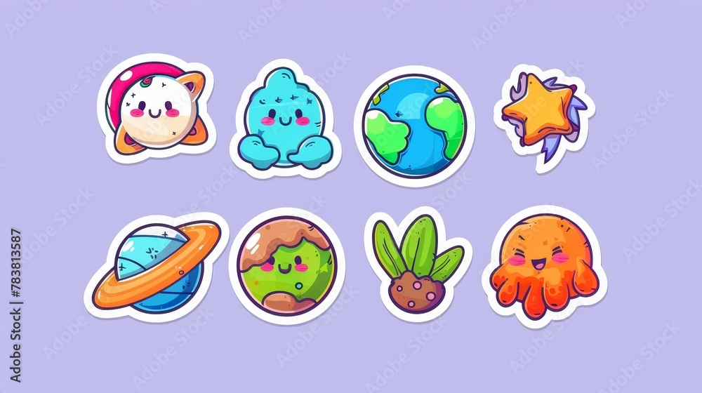 The earth and moon cartoon characters, cute funny planets with kawaii faces and clouds, and a happy mascot are included in this collection. Other characters include a star and a sleeping star. The earth and moon cartoon characters, cute funny planets with kawaii faces and clouds, and a happy mascot are included in this collection. Other characters include a star and a sleeping star.