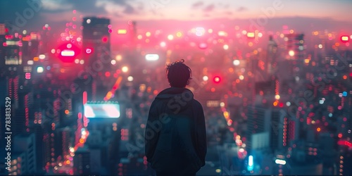 Solitary Perspective Reflective Moments Atop the Neon Lit City Skyline