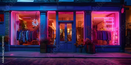 Vibrant Neon Lit Boutique Storefront Beckoning Passersby with Alluring Style and Mystery © Thares2020