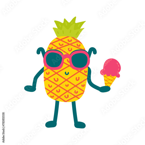 Cute happy funny pineapple wearing glasses. Isolated on a white background.