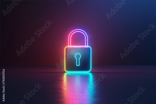 A neon colorful padlock on a dark background, digital security concept.