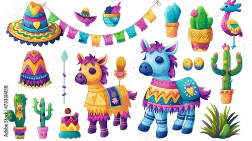 Cartoon modern patches with Mexican pinata donkey  colorful toy with treats  cactus  maracas  sombrero and flag garland for Viva Mexico party celebration  carnival or fiesta.
