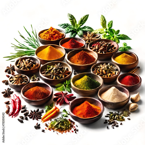 A variety of spices and seasonings displayed in different bowls. The bowls are spread across the scene, with some placed closer to the viewer and others further in the background.