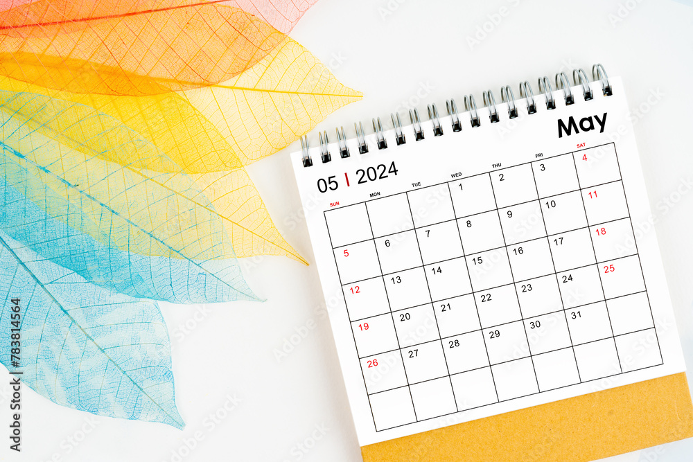 Obraz premium May 2024 monthly desk calendar and fiber structure of dry leaves texture, skeleton leaf.