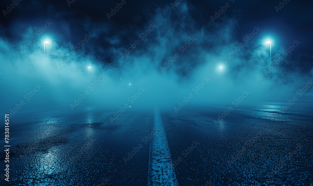 The view of a dark street, shrouded in fog and smoke, neon lights and spotlights add a mysterious atmosphere.
The view of a dark street, shrouded in fog and smoke, neon lights and spotlights add a mysterious atmosphere.
