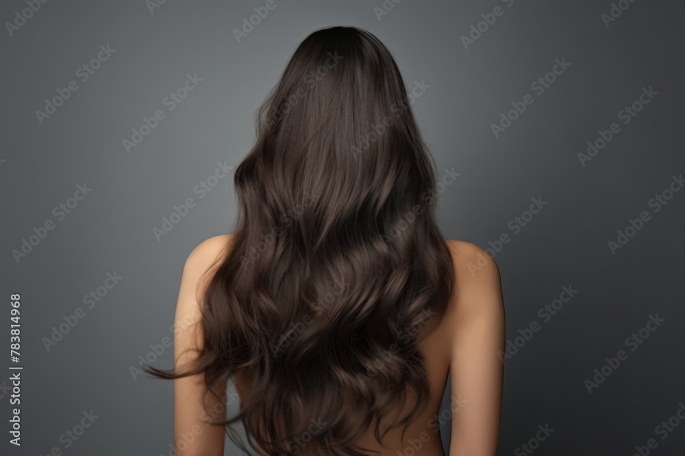 Back view of beautiful woman with long brown wavy hair on a dark gray studio background. - obrazy, fototapety, plakaty 