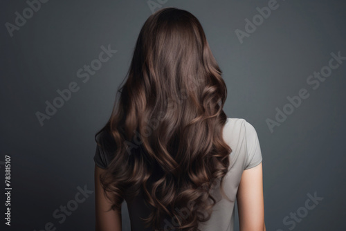 Back view of beautiful woman with long brown wavy hair on a dark gray studio background. photo