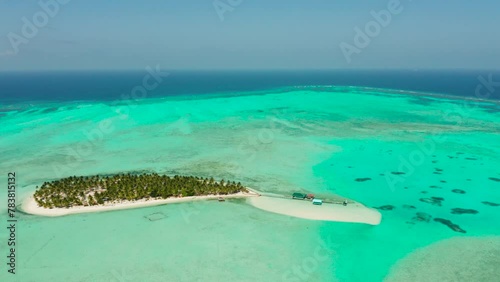 Sand beach and tropical islands by atoll with coral reef, top view. Onok Island, Balabac, Philippines. Summer and travel vacation concept photo