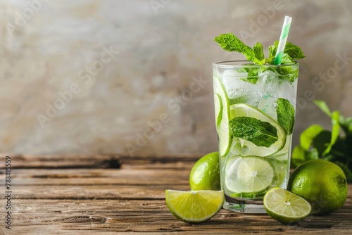 Bright icy mint mojito cocktail on a rustic wooden table with sliced lime sprigs of fresh mint and a straw perfect for a summer patio party backdrop