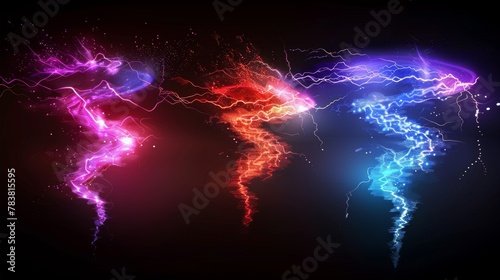Colorful glossy whirlwind, thunderstorm, hurricane, purple, red, and green wind storm vortex, swirl or spiral isolated on black background, Realistic 3d modern illustration. photo