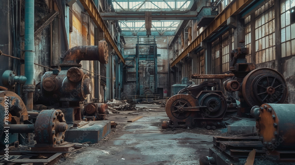 Abandoned Factory Interior with Rusty Machinery, Industrial Decay Aesthetic