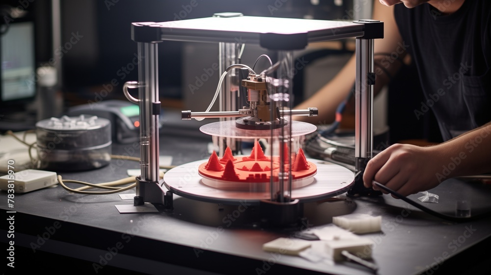 A 3D printer in action, layering materials to create a prototype of a futuristic gadget.