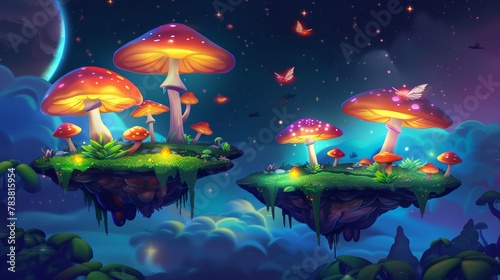 Flying islands with magic mushrooms at night. Modern illustration of a fantasy landscape of flying in air platforms with shiny fly agaric.