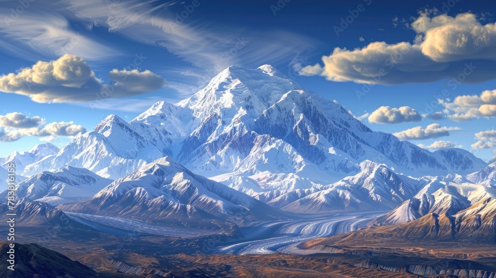 Majestic Snow Capped Denali Mountain Landscape in the Alaskan Wilderness