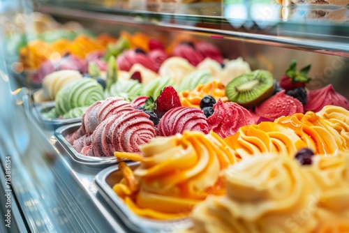 Vibrant scoops of traditional Italian gelato in assorted fruit flavors showcased in a glass display case for summertime photo