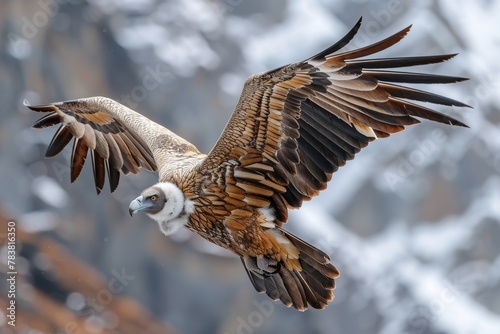 Bearded vulture captured in mid-flight against the backdrop of a wintry mountain landscape