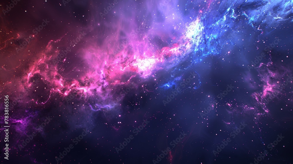 A realistic 3D modern illustration of a nebula, twinkles, and stardust in a galaxy, deep cosmos, in which blue and purple gas accumulates in a cosmic world, a starry sky with colorful clouds in the