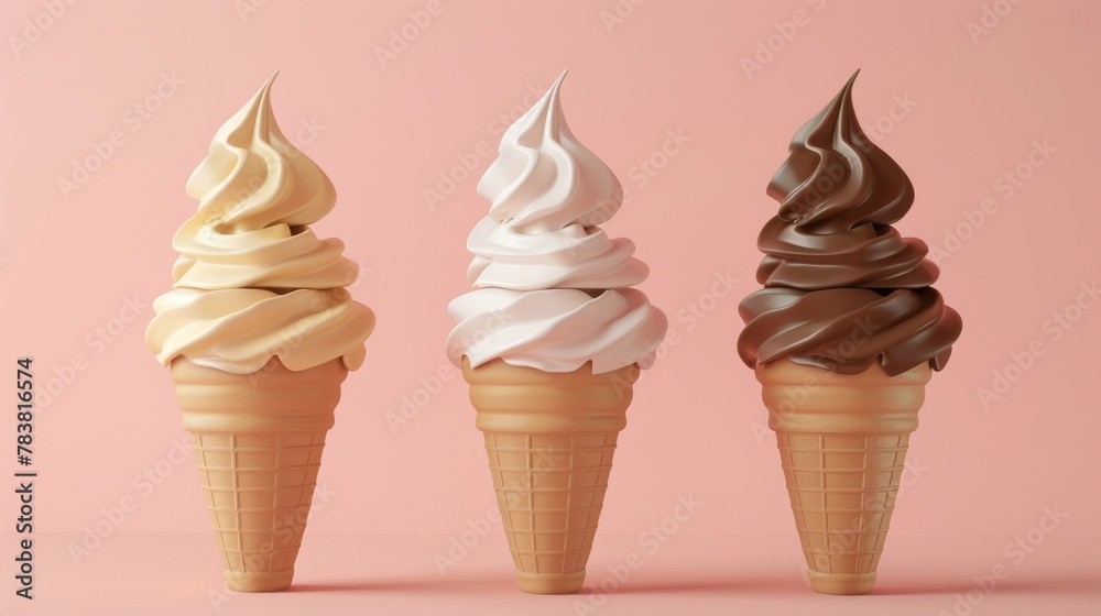 3D illustration of soft serve ice cream cones with vanilla and chocolate flavors 3D illustration of soft serve ice cream cones with vanilla and chocolate flavors