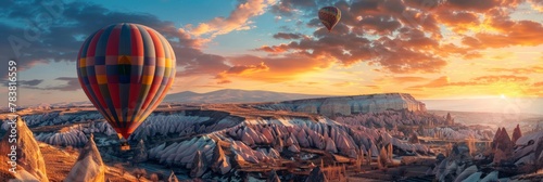 A vivid multicolored hot air balloon ascends above Cappadocias unique fairy chimney landscape at sunrise photo