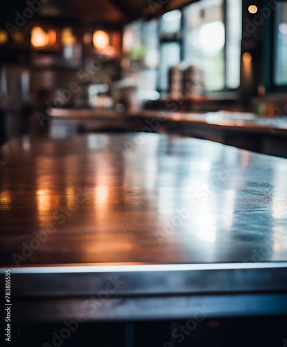 Empty metal table, professional restaurant kitchen background, copy space