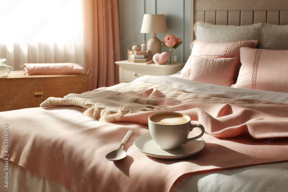 A cup of coffee in the bedroom on the bed, morning coffee