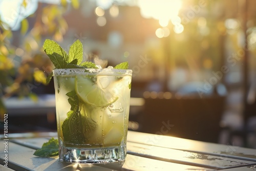 A frosted glass containing a mint mojito cocktail garnished with fresh mint leaves and lime set against a sunlit patio setting photo